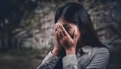 Asian young women hands cover their faces, pressure concept people