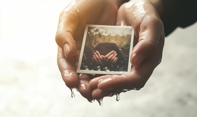 Wet hands gently hold a water-damaged photo.