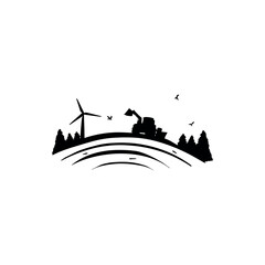 Fototapeta premium tractor plows the field vector silhouette logo. hill field landscape with tractor and fir trees, windmills vector silhouette sketch