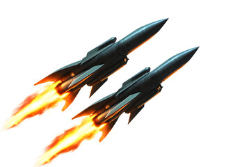 Military missiles flying in the air with flames isolated on white background.