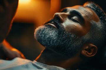 Close-up of barber shearing beard to man in barbershop 