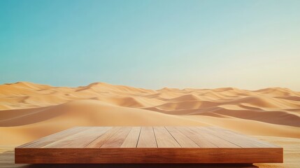 Wooden podium against a sprawling desert backdrop, with golden sand dunes and a clear blue sky, highlighting the contrast between nature and the structure