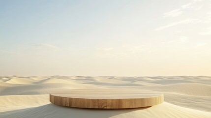 Wooden podium dramatically positioned in the center of vast desert sand dunes, under a clear sky, creating a powerful and isolated visual contrast