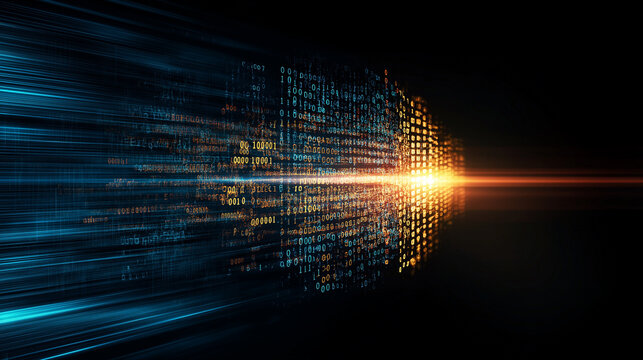 Digital Data Stream: Abstract digital art depicting a vibrant stream of data codes and binary numbers, radiating energy and illuminating the path forward in a futuristic, technological landscape. 