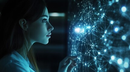 Technology, ai and business woman networking or trading at night using virtual UX interface at work. Female using big data hologram with futuristic 5g network and social connections in dark office