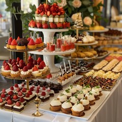 Fototapeta premium Luxurious Dessert Buffet Display Featuring Cupcakes, Macarons, Pastries, and Cakes on Elegant Tiered Stands for a Grand Celebration