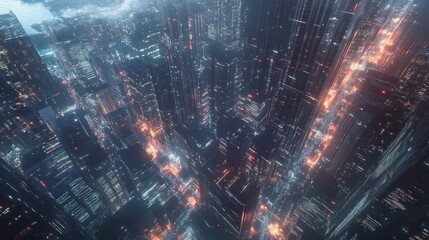 Telecommunication network above city, wireless mobile internet technology for smart grid or 5G LTE data connection, concept about IoT, global business, fintech, blockchain