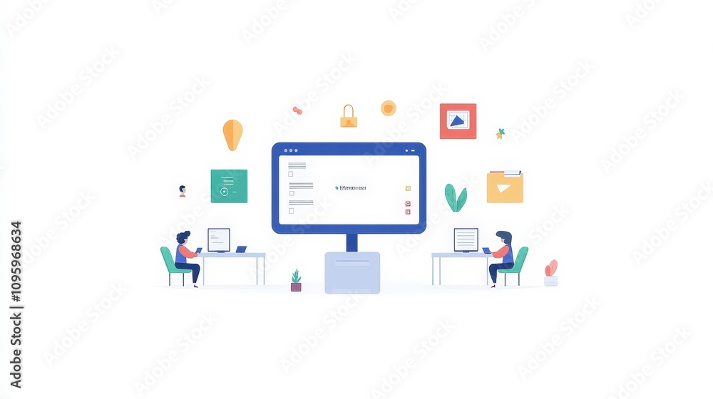 Poster modern workspace illustration featuring two people engaged in remote work with a large computer scre