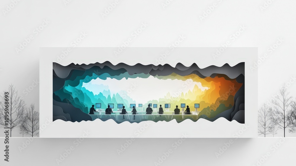 Poster abstract illustration of a modern workspace with silhouette figures working at computers against a c
