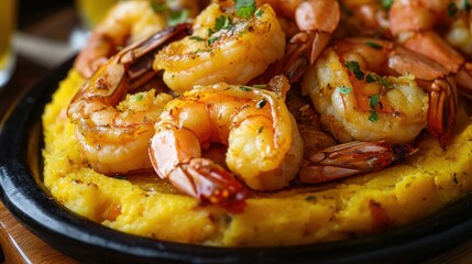 A platter of traditional Puerto Rican mofongo, made from mashed plantains, served with garlic shrimp and drizzled with a savory sauce