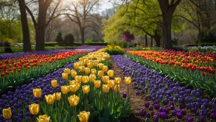 "Step into a world of vibrant colors and lush greens as you explore a spring garden bursting with purple tulips."