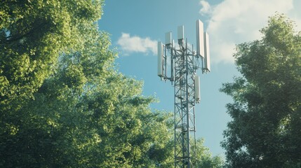 telecommunication tower with cellular antennas for 5g mobile internet network on forest and blue sky background