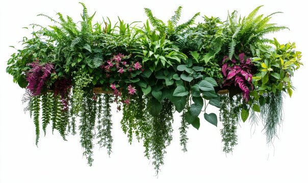 Lush hanging planter, diverse greenery, vibrant flowers.