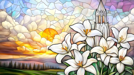 Stained glass artwork featuring white lilies and sunset landscape