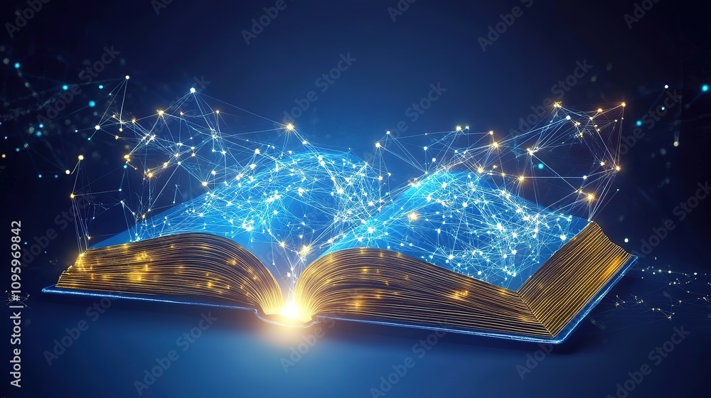 Poster artificial intelligence creating an ebook with polygonal design of interconnected lines and points o