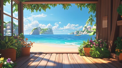 Fototapeta premium Wooden bungalow overlooking tranquil tropical beach with lush vegetation