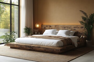 Fototapeta premium Modern bedroom interior with wooden bed
