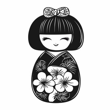 black and white japanese kokeshi doll clip art preview