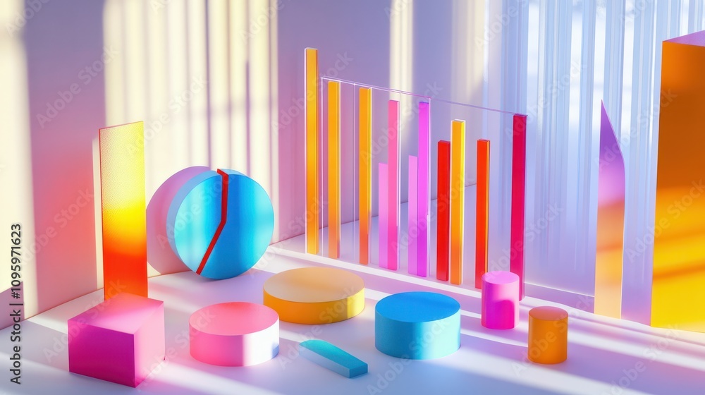 Poster vibrant 3d graphs and pie charts in colorful pastels showcase dynamic data visualization, casting pl