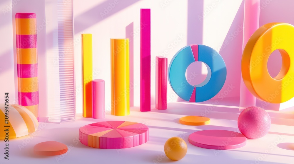 Poster vibrant 3d graphs and pie charts in colorful pastels showcase dynamic data visualization, casting pl