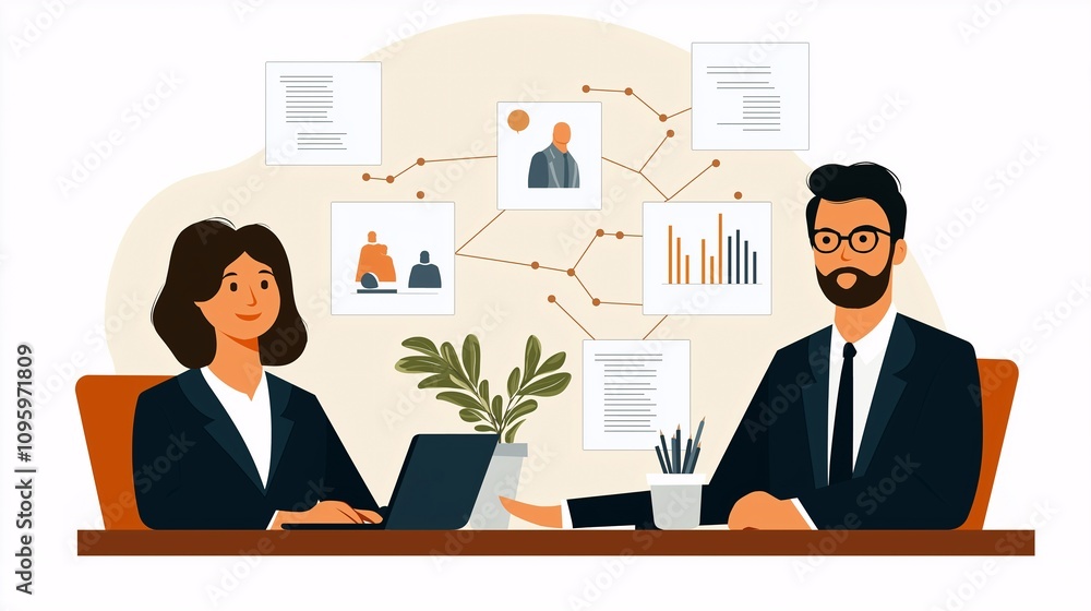 Poster professional business team collaboration with visual data representation and hierarchical structure 