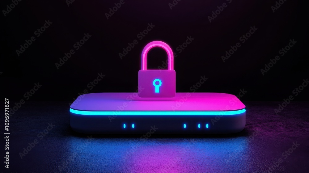 Poster anti tracking security concept. a modern device with a glowing base and a lock symbol, emphasizing s