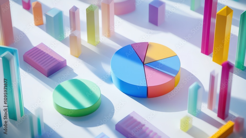 Poster vibrant 3d graphs and pie charts in colorful pastels showcase dynamic data visualization, casting pl