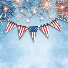 Obraz premium Patriotic decoration with American flag bunting and fireworks on blue background 