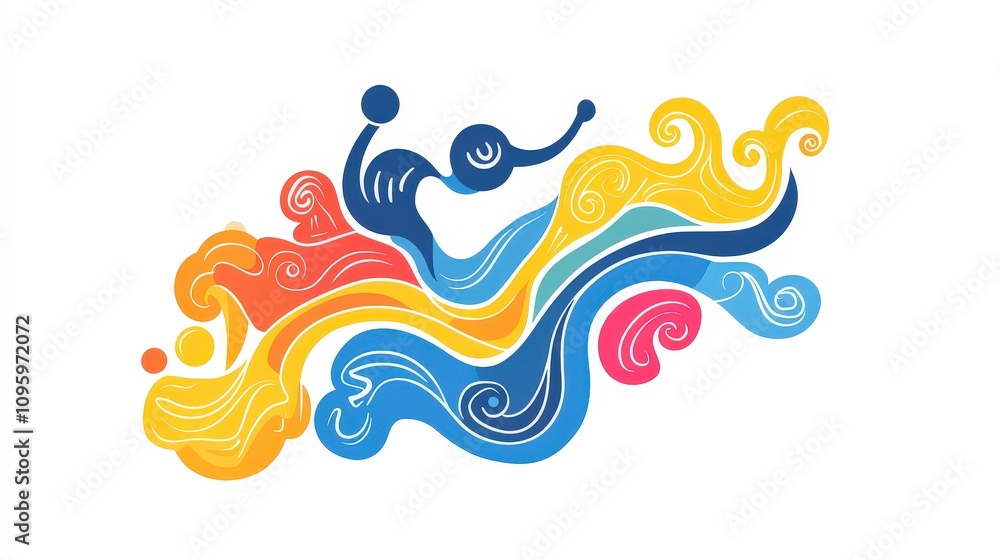 Poster vibrant abstract waves illustration with curved forms and spirals in bright colors creating a playfu