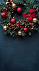 A luxurious Christmas wreath with pine branches, red baubles, and golden accents, perfect for holiday decorations, invitations, and festive greetings.