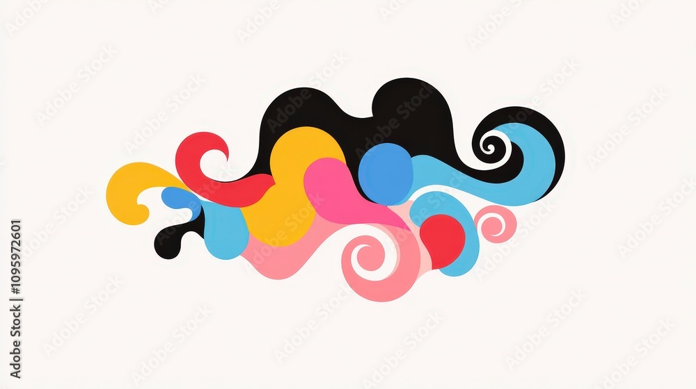 Poster colorful abstract swirls and curves on a light background, featuring vivid hues in a playful and art