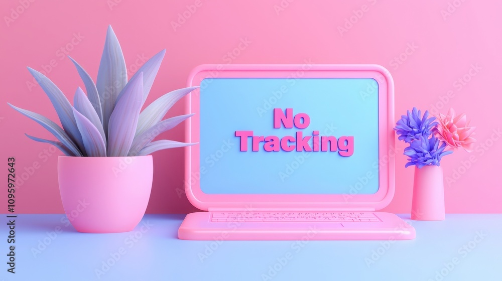 Poster anti tracking security concept. a colorful, modern workspace featuring a pink computer with 