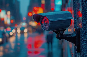 Urban Security Surveillance Camera in Rainy Night Setting with Blurred Cityscape and Traffic Lights Illuminating the Wet Streets