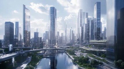 Wireless communication network concept.Panorama of Modern City