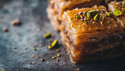 Fototapeta premium Turkish dessert baklava pistachios and nuts on it generated.AI