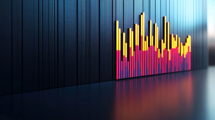 Colorful bar graph on reflective surface, showing data trends