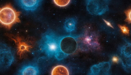  A cosmic scene with multiple planets, stars, and nebulae.