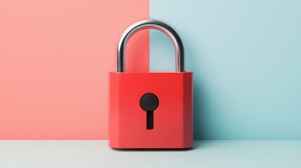 Fototapeta premium Anti tracking security concept. A red padlock stands against a split background of pink and blue, symbolizing security and protection.