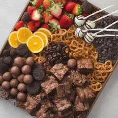 Obraz premium Decadent Dessert Board Featuring Brownies, Pretzels, Strawberries, Orange Slices, Chocolate Truffles, Cookies, and Cake Pops for Indulgence