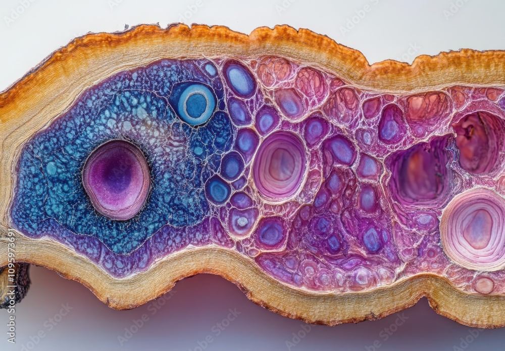 Poster vibrant cross-section of a unique wood slice displaying intricate patterns and bold colors including