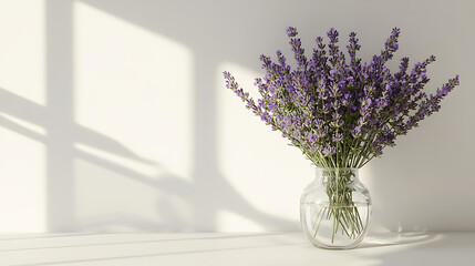 vertical arrangement of lavender flowers in glass vase, beautifully illuminated by soft sunlight, creates serene and calming atmosphere. delicate purple blooms contrast elegantly with clear glass and