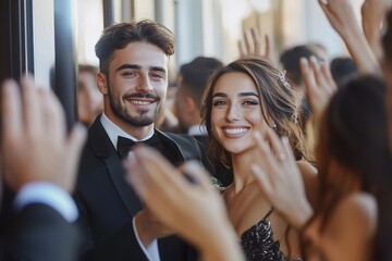 Waist up view of man and woman in formal attire approaching entrance between security staff and adoring fans asking for autographs, smiling and waving