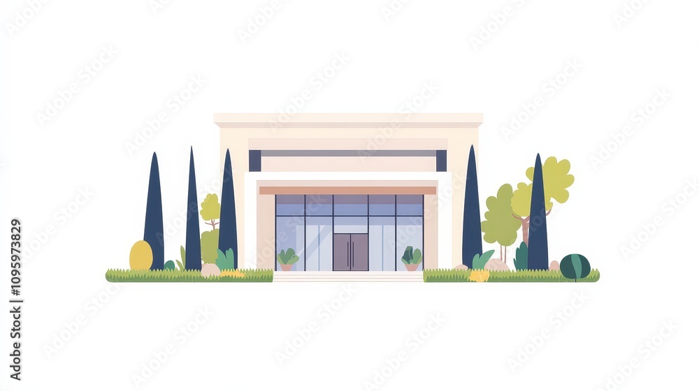 Poster modern architectural design of a retail storefront surrounded by lush greenery and neatly arranged l