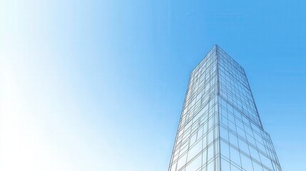 Obraz premium Modern architectural design featuring a high-rise building against a clear blue sky with gradient lighting, showcasing innovation and urban development in a contemporary cityscape.