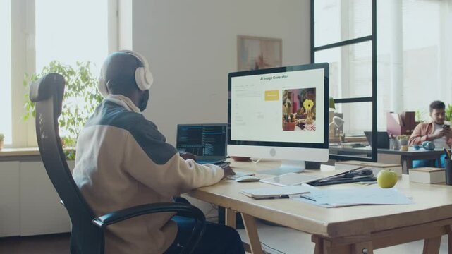 Medium full side shot of African American man in headphones sitting at desk at IT company, typing computer code while working on image generation software, in cozy office at daytime