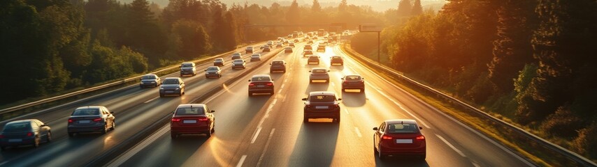 Fototapeta premium A busy highway during sunset with cars traveling in both directions, creating a vibrant and dynamic scene.
