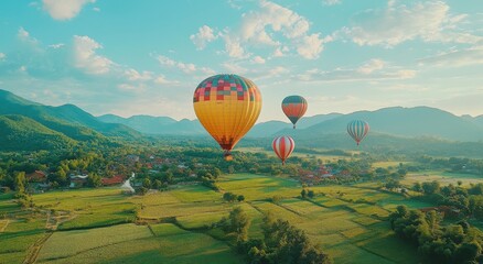 Obraz premium Vibrant Hot Air Balloons Soaring Over Lush Green Fields and Rolling Hills Beneath a Clear Blue Sky at Sunrise in a Picturesque Mountain Landscape