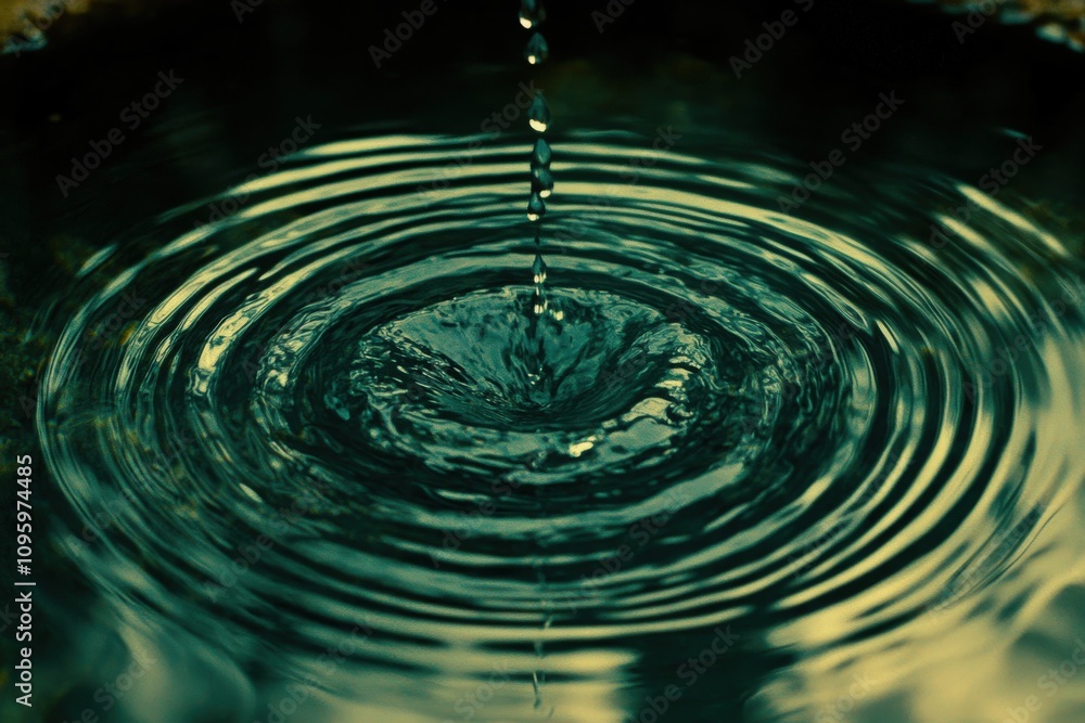 Poster close-up shot of a single drop of water falling into still water, creating concentric ripples. the i