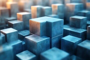 Abstract background of stacked metallic cubes with a modern teal glow.