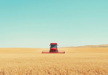 Vibrant Red Combine Harvester Operating in Golden Grain Field Against a Clear Blue Sky on a Sunny Day